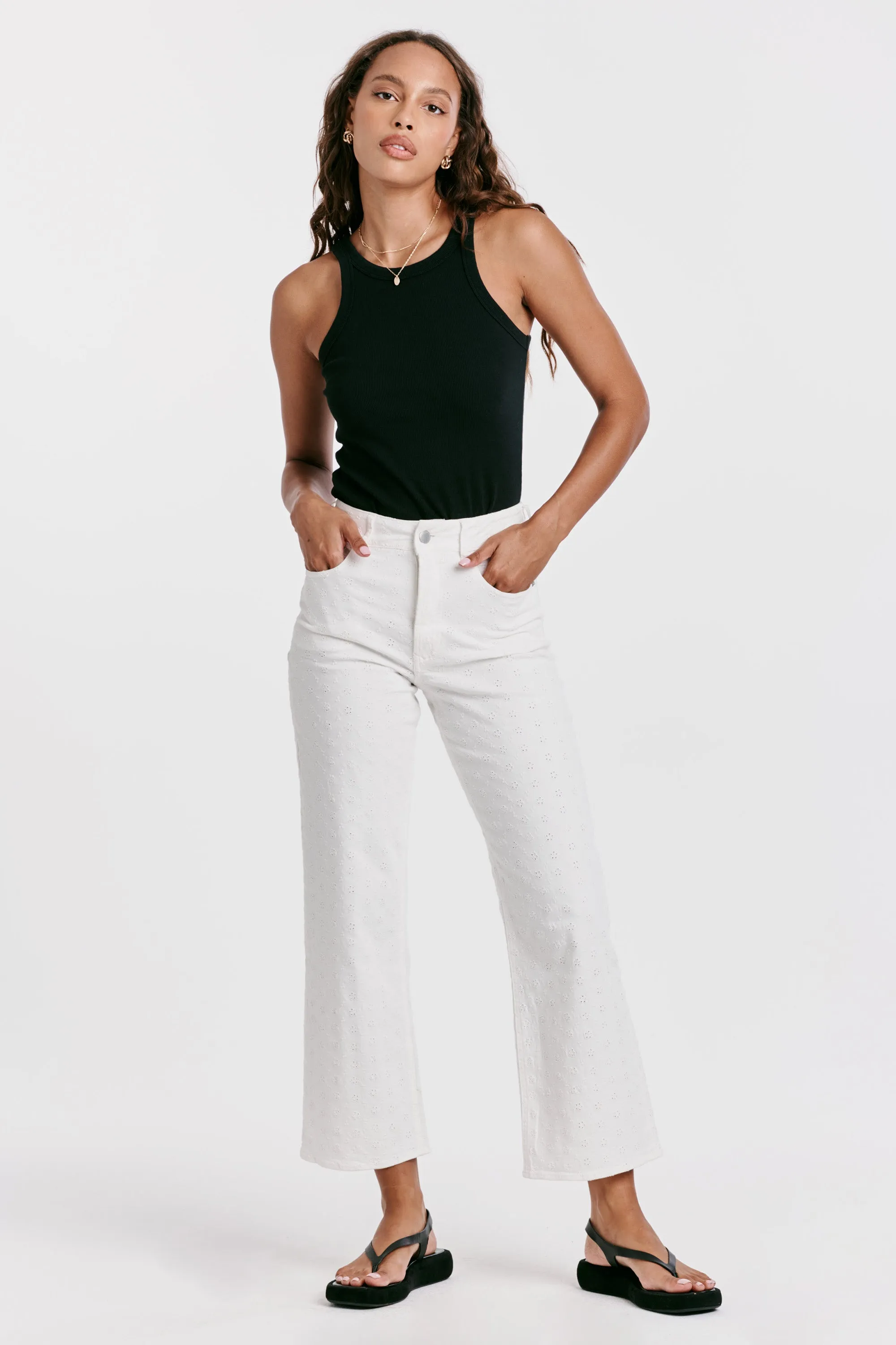 Holly Super High Rise Wide Hem Straight Jeans White Pointelle