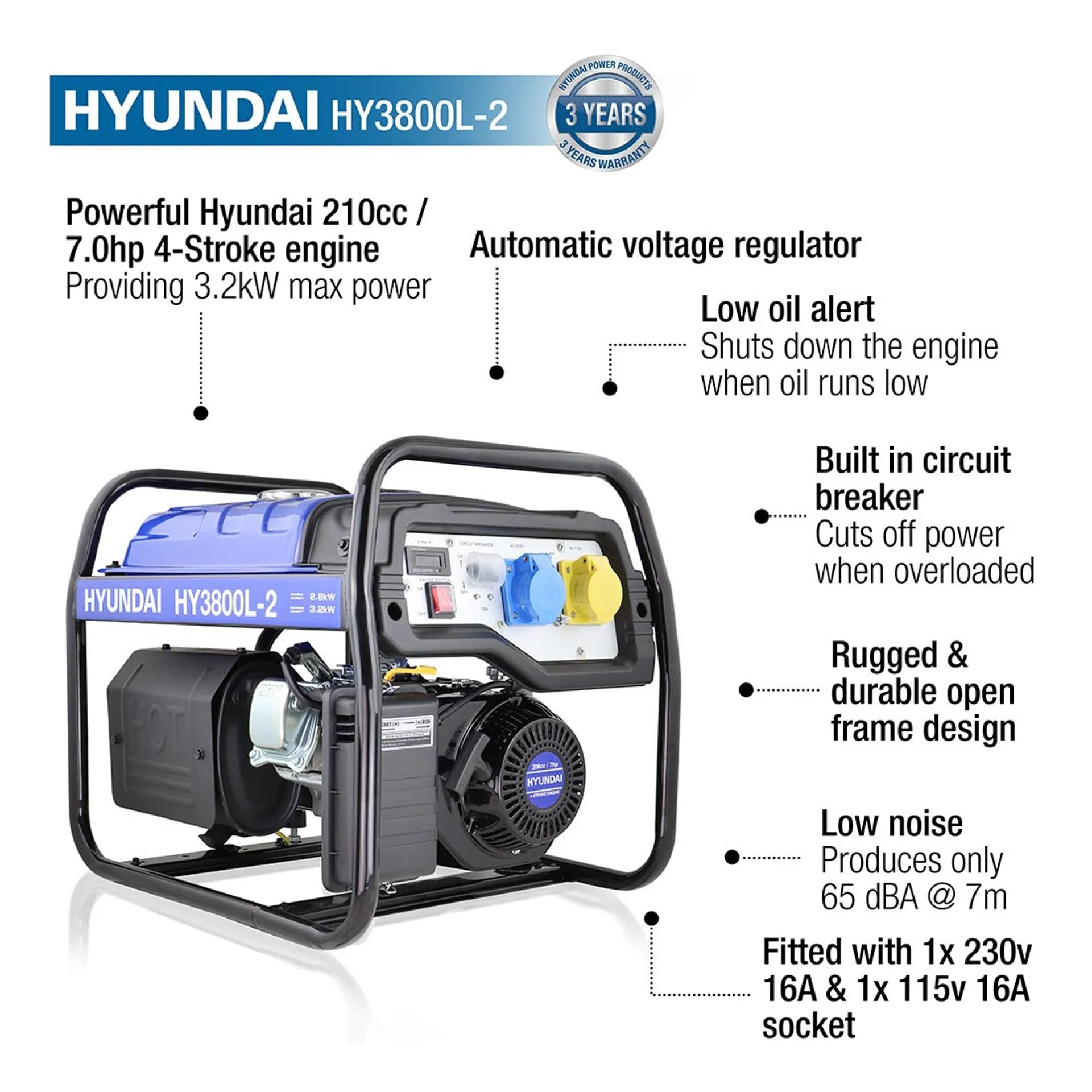 Hyundai Petrol Generator 3.2kW / 4kVa HY3800L-2