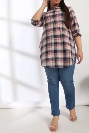 Indigo Pink Check Longline Shirt