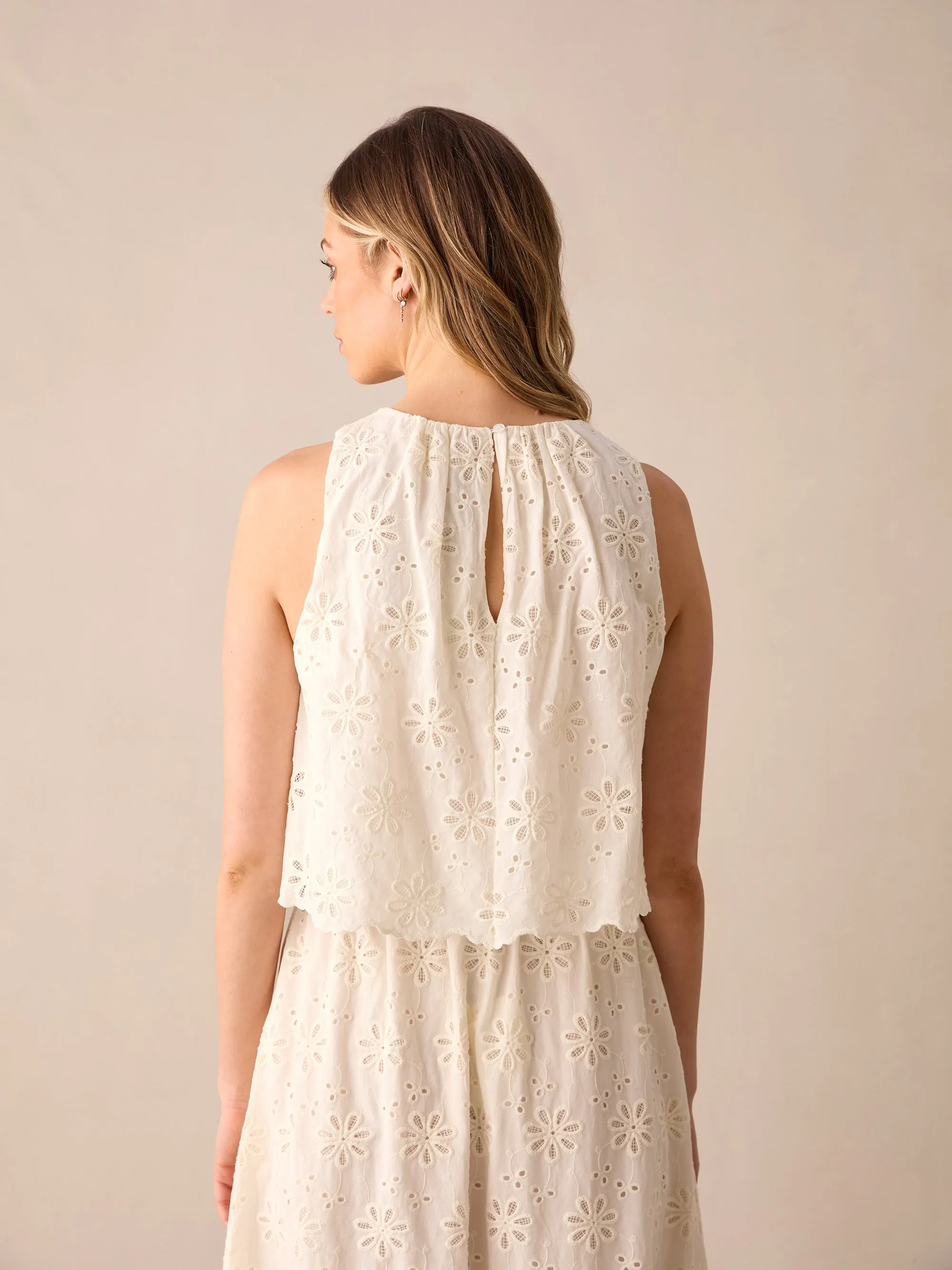 Ivory Broderie Scallop Hem Top