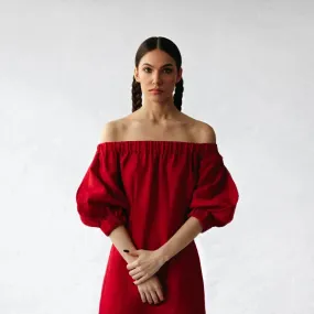 Linen off shoulder dress red by Seaside Tones