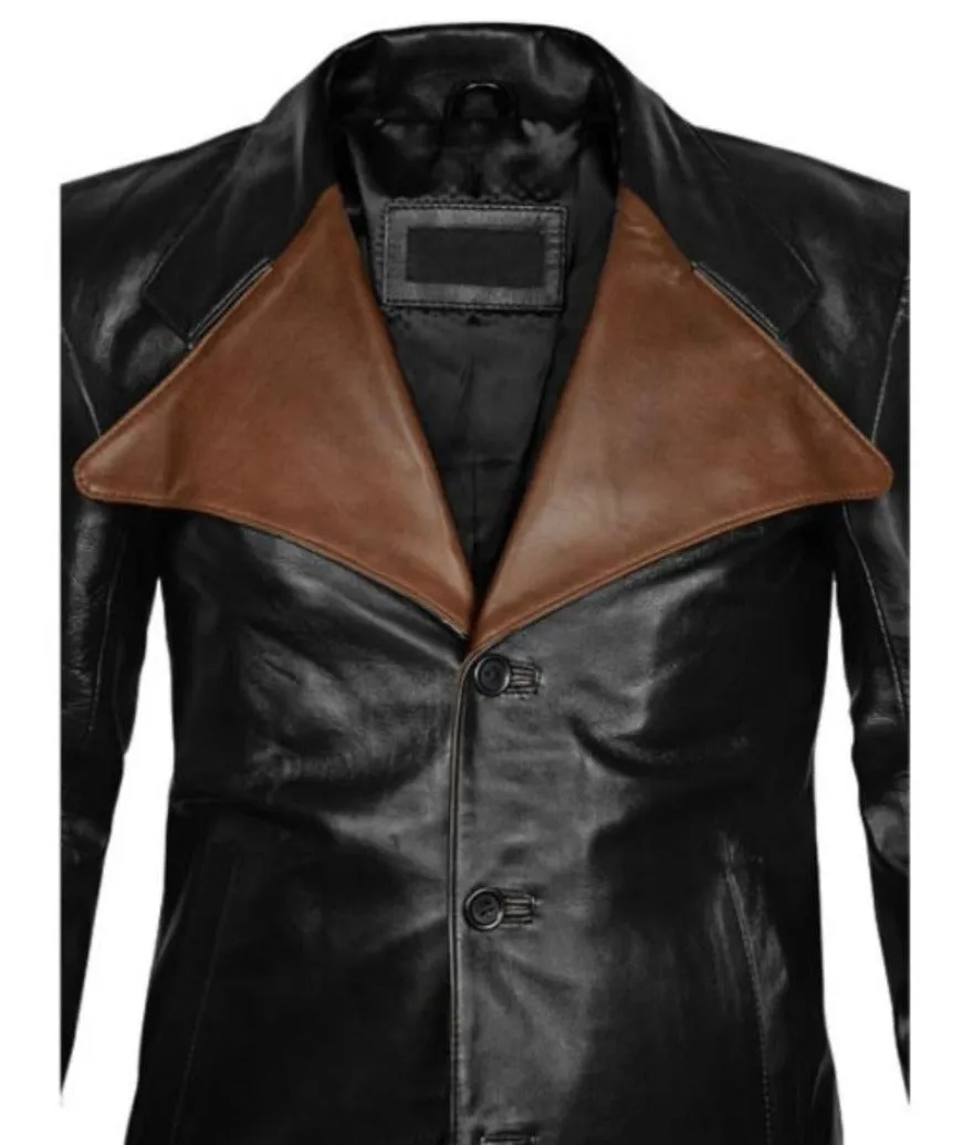 Mens Leather Blazer Black | with Brown Lapels  Nappa Sheepskin