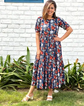 Navy Printed Tiered Cotton Maxi Dress