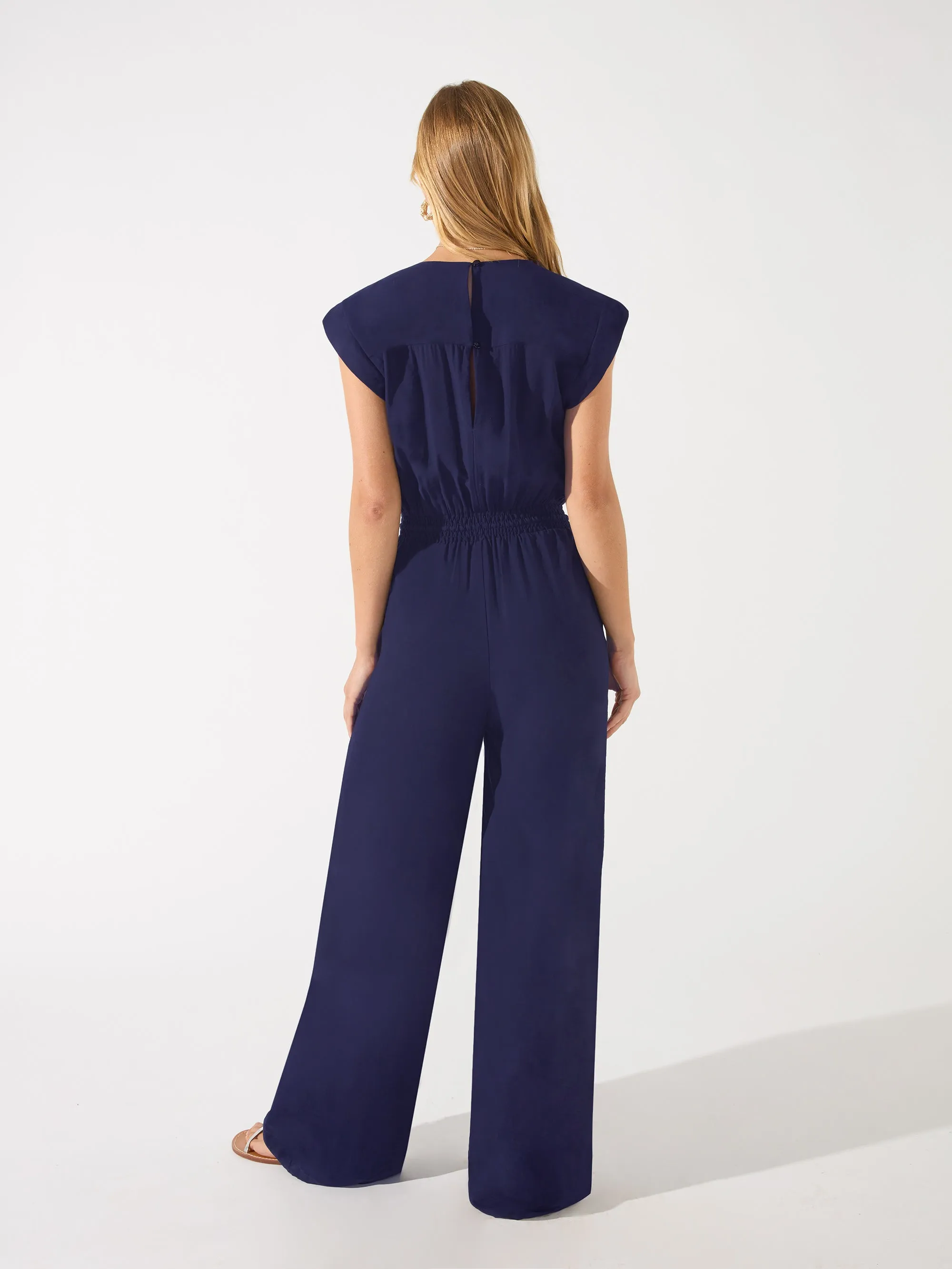 Navy Shirred Waist Jumpsuit