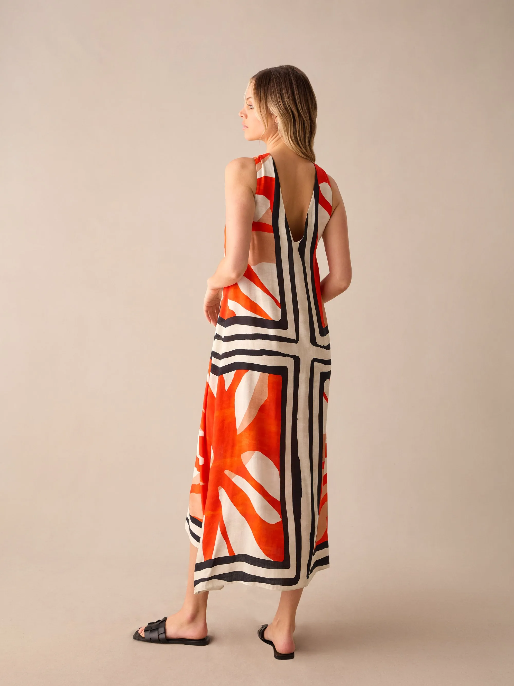 Orange Placement Print Twist Neck Dress