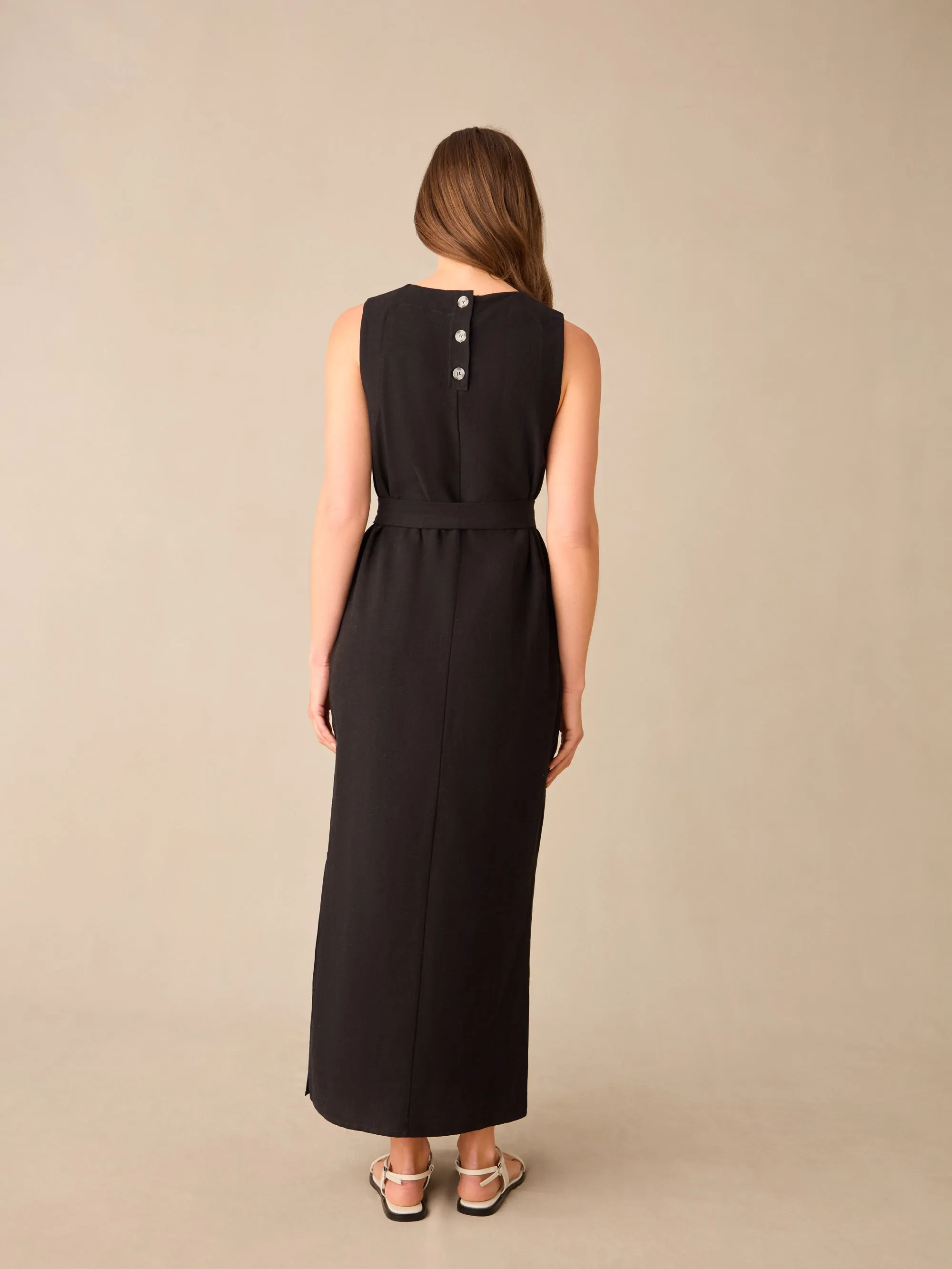 Petite Black Linen-blend Tie Waist Column Midi Dress