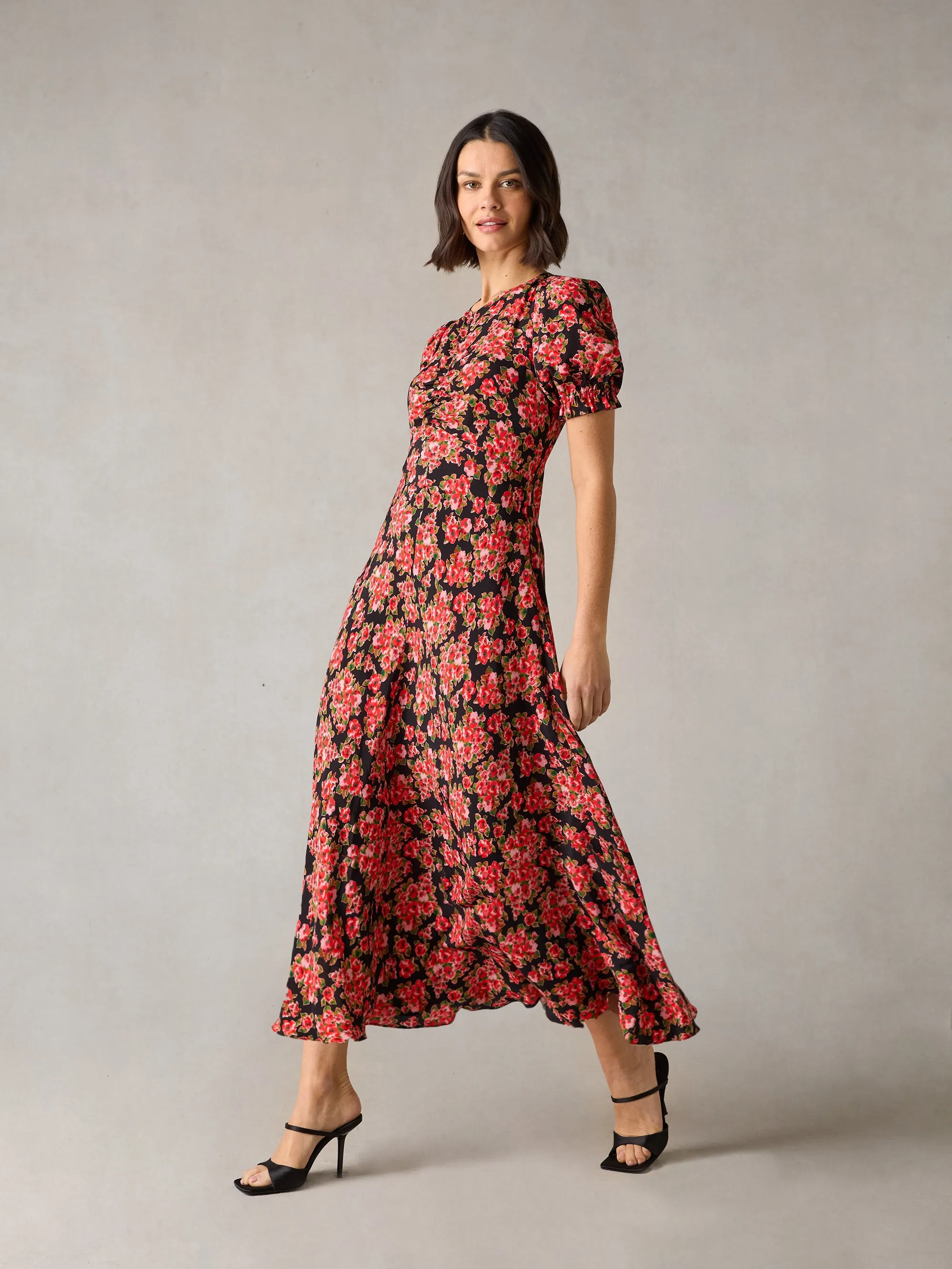 Petite Red Rose Print Ruched Front Midi Dress