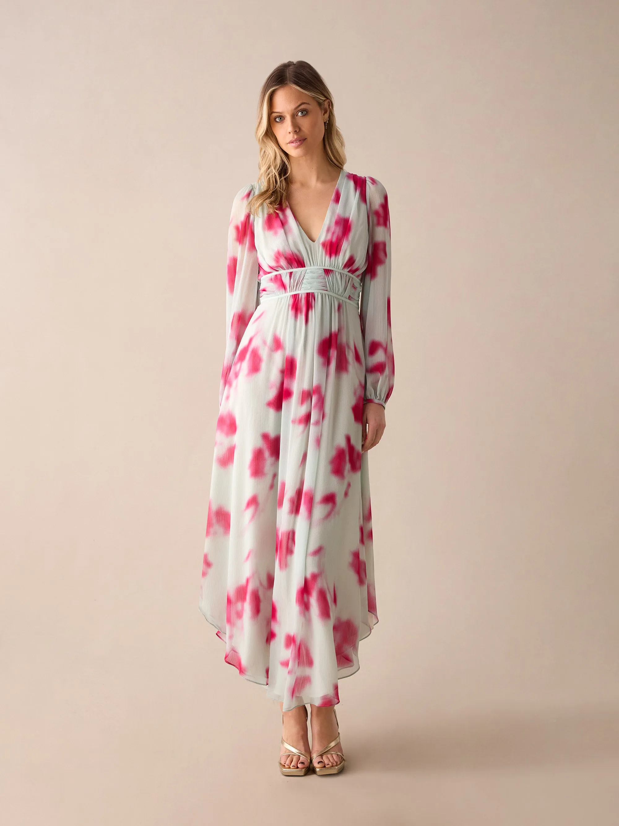 Petite Stephanie Pink Blurred Floral Midaxi Dress