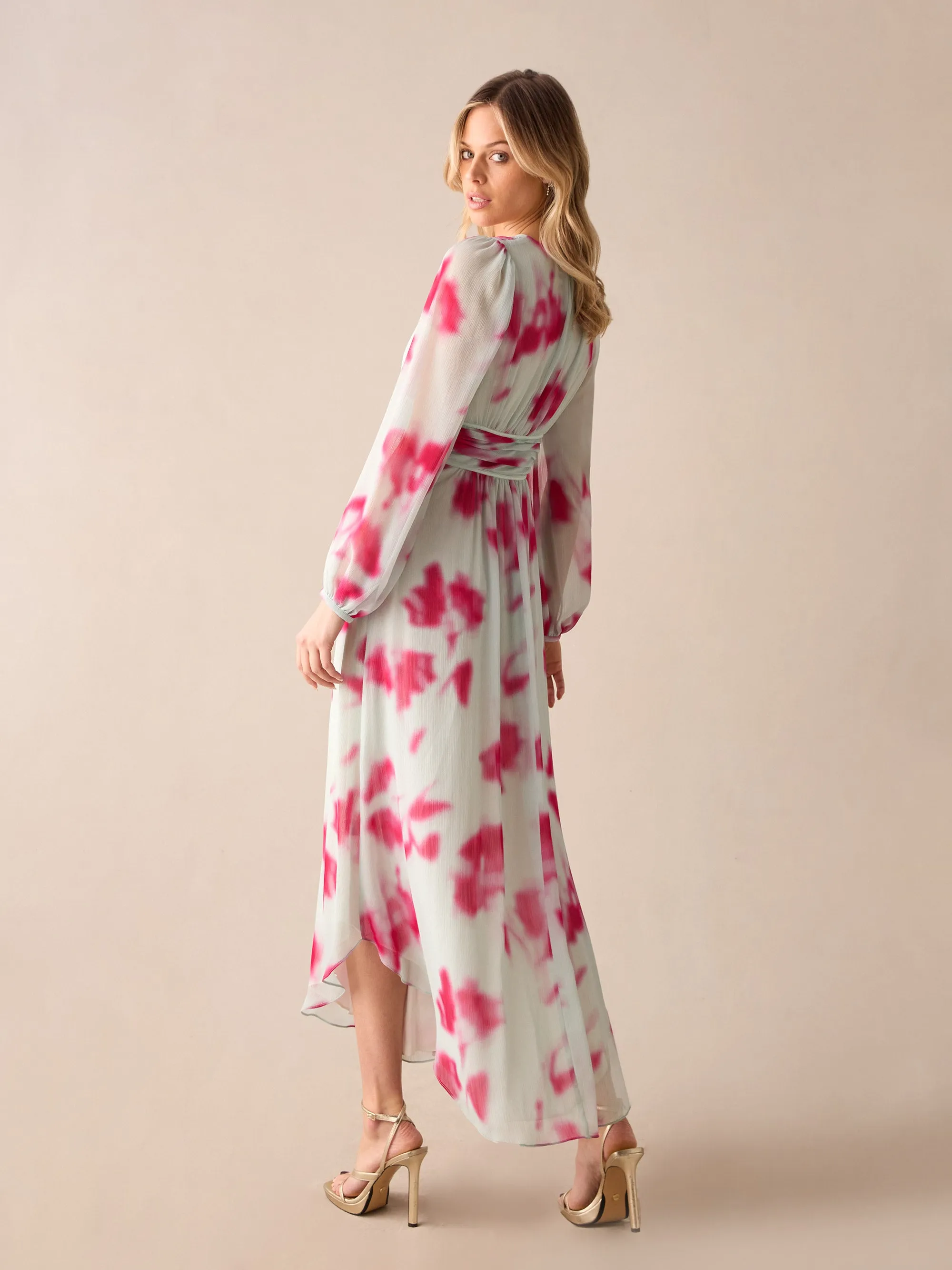 Petite Stephanie Pink Blurred Floral Midaxi Dress