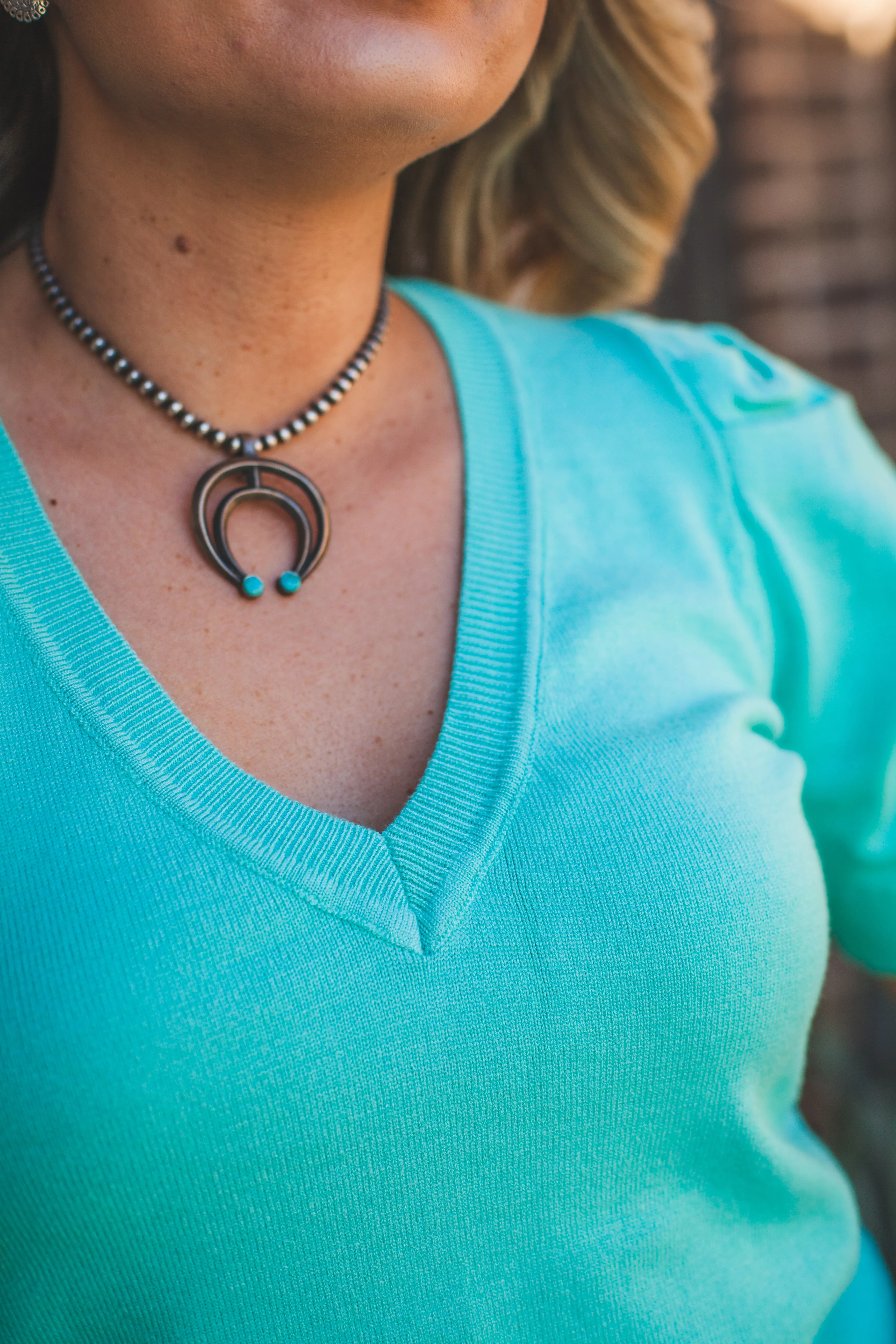 Puff Sleeve Knit Top in Aqua