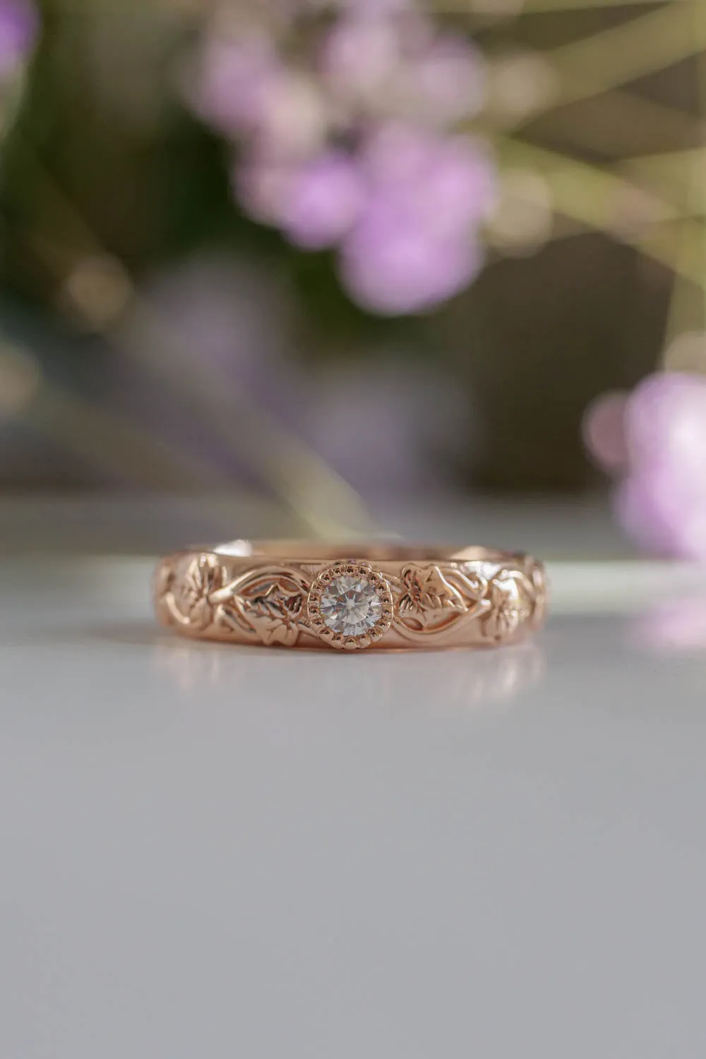 READY TO SHIP: Wedding band in 14K rose gold, natural diamond 3mm, RING SIZE 5 US