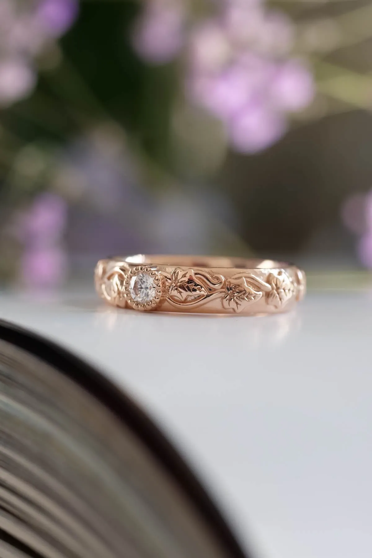 READY TO SHIP: Wedding band in 14K rose gold, natural diamond 3mm, RING SIZE 5 US