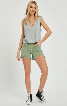 RISEN, Mid Waist Frayed Hem Denim Shorts