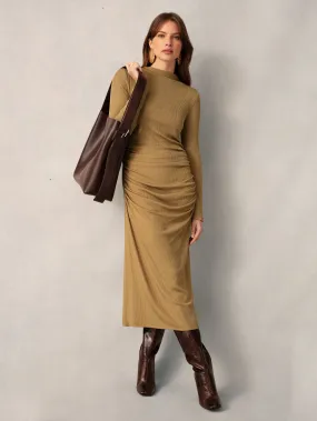 Tan Ribbed Jersey Gathered Dress