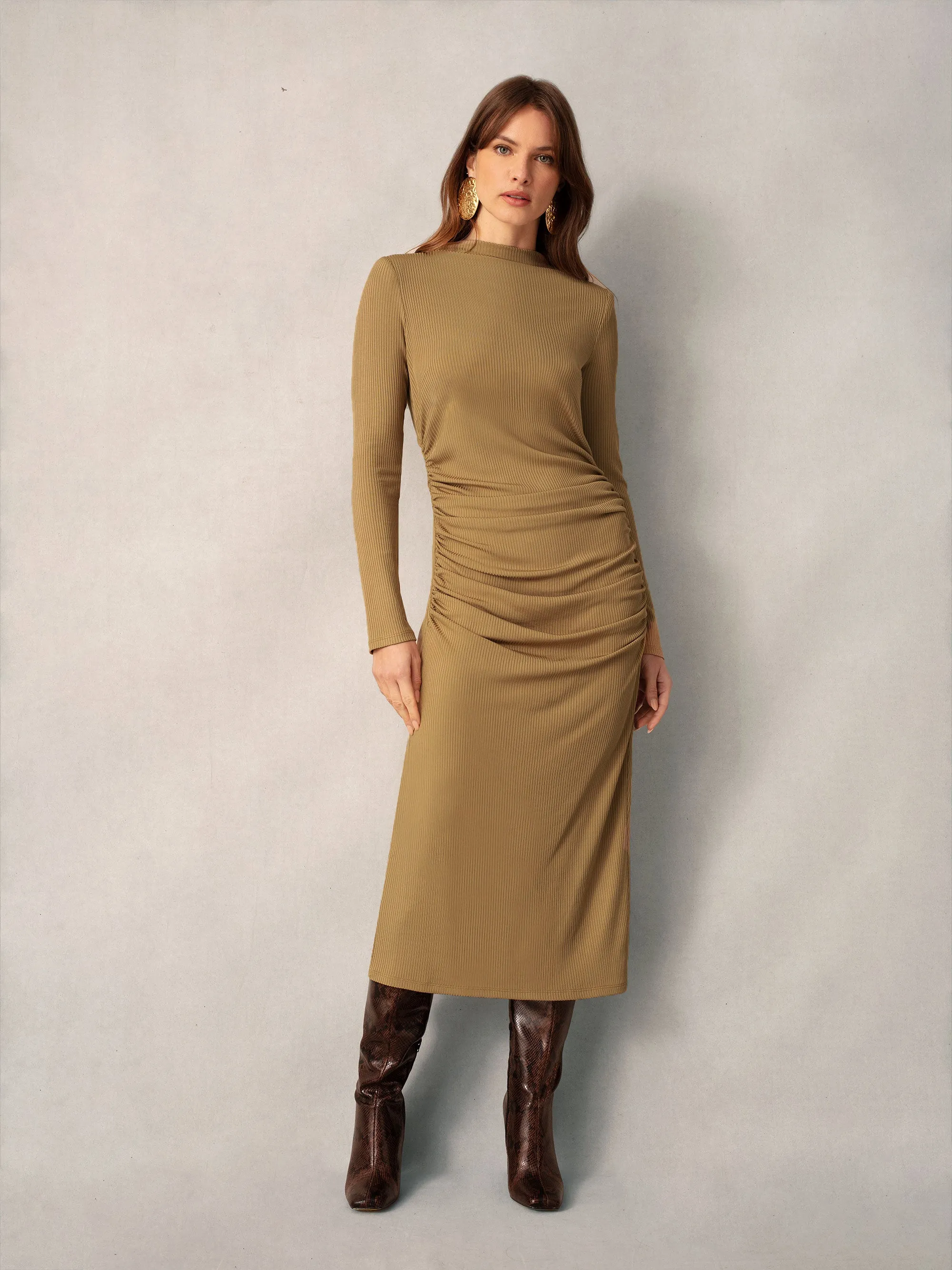 Tan Ribbed Jersey Gathered Dress