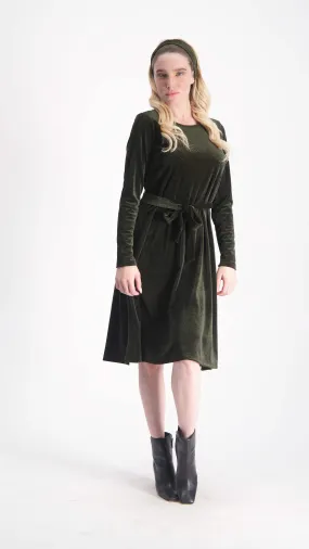 Velvet A-line Dress With Belt / Olive Shine