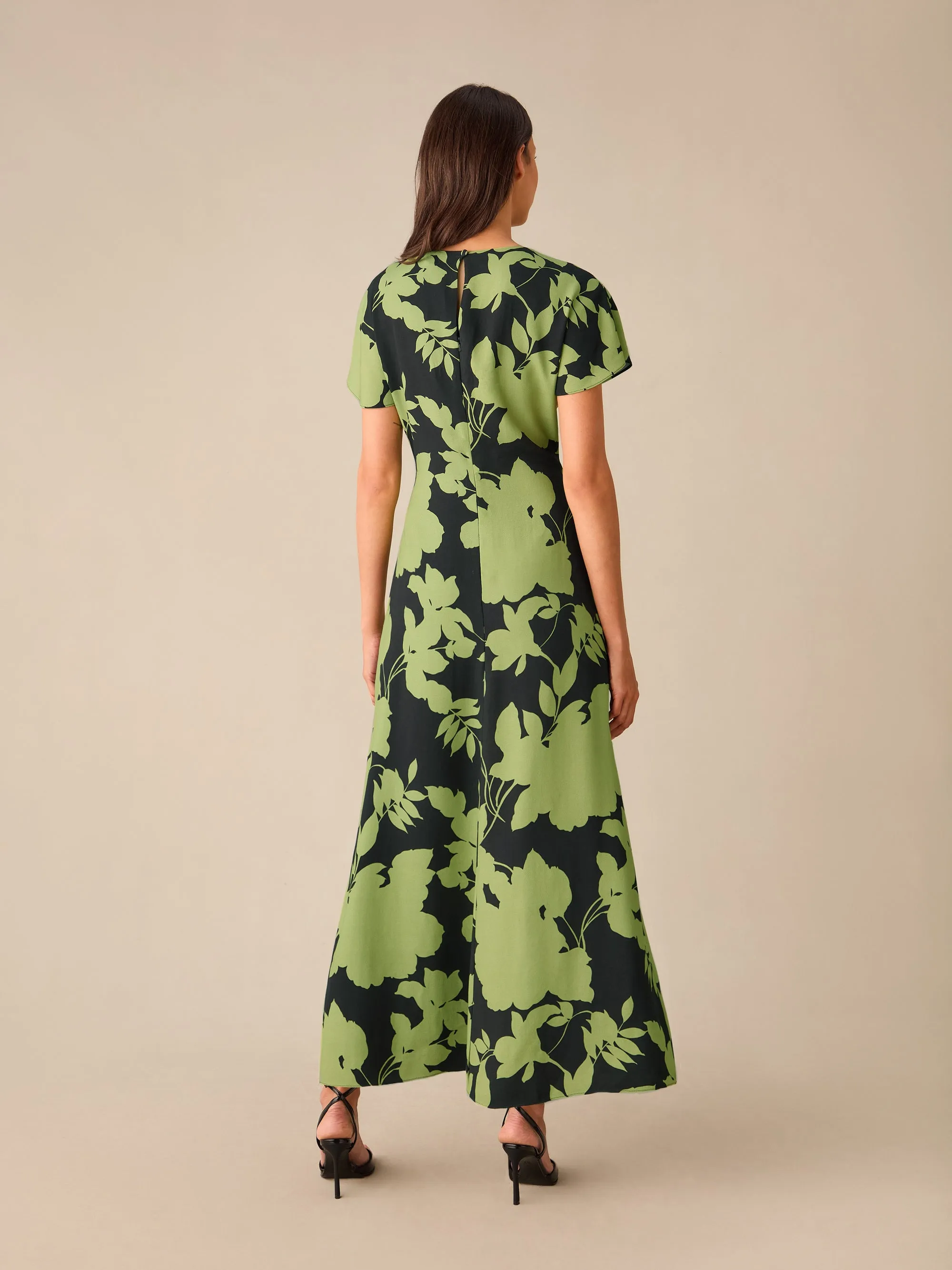 Victoria Green Floral Print Flutter Sleeve Dress