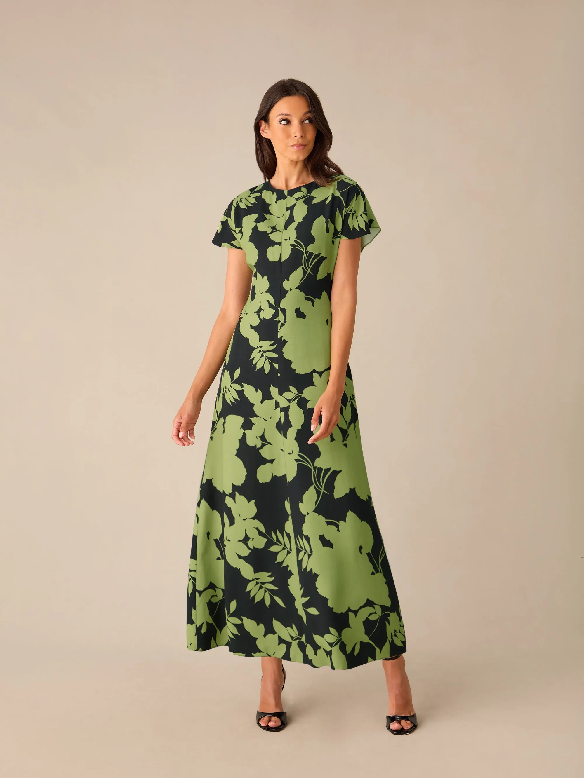 Victoria Green Floral Print Flutter Sleeve Dress