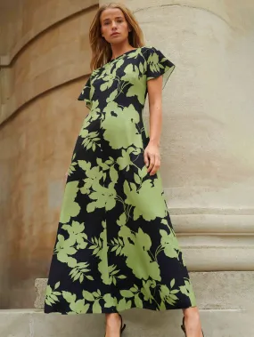 Victoria Green Floral Print Flutter Sleeve Dress