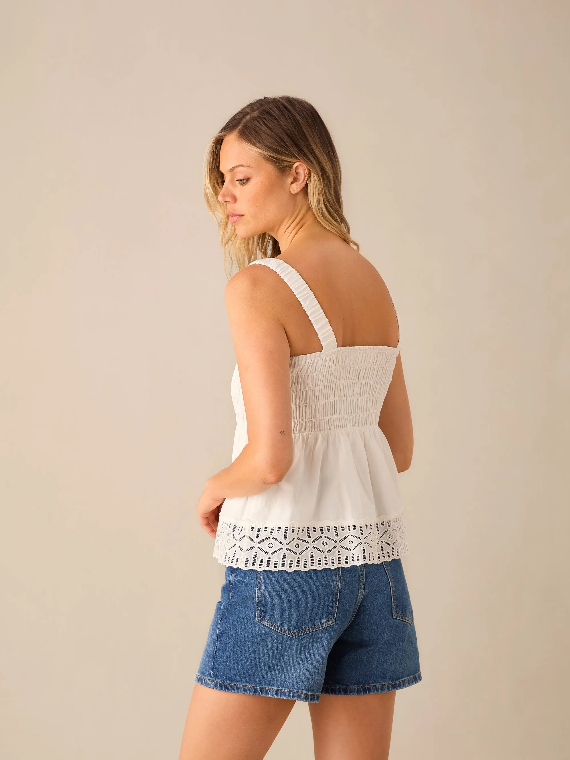 White Laser-cut Hem Detail Top