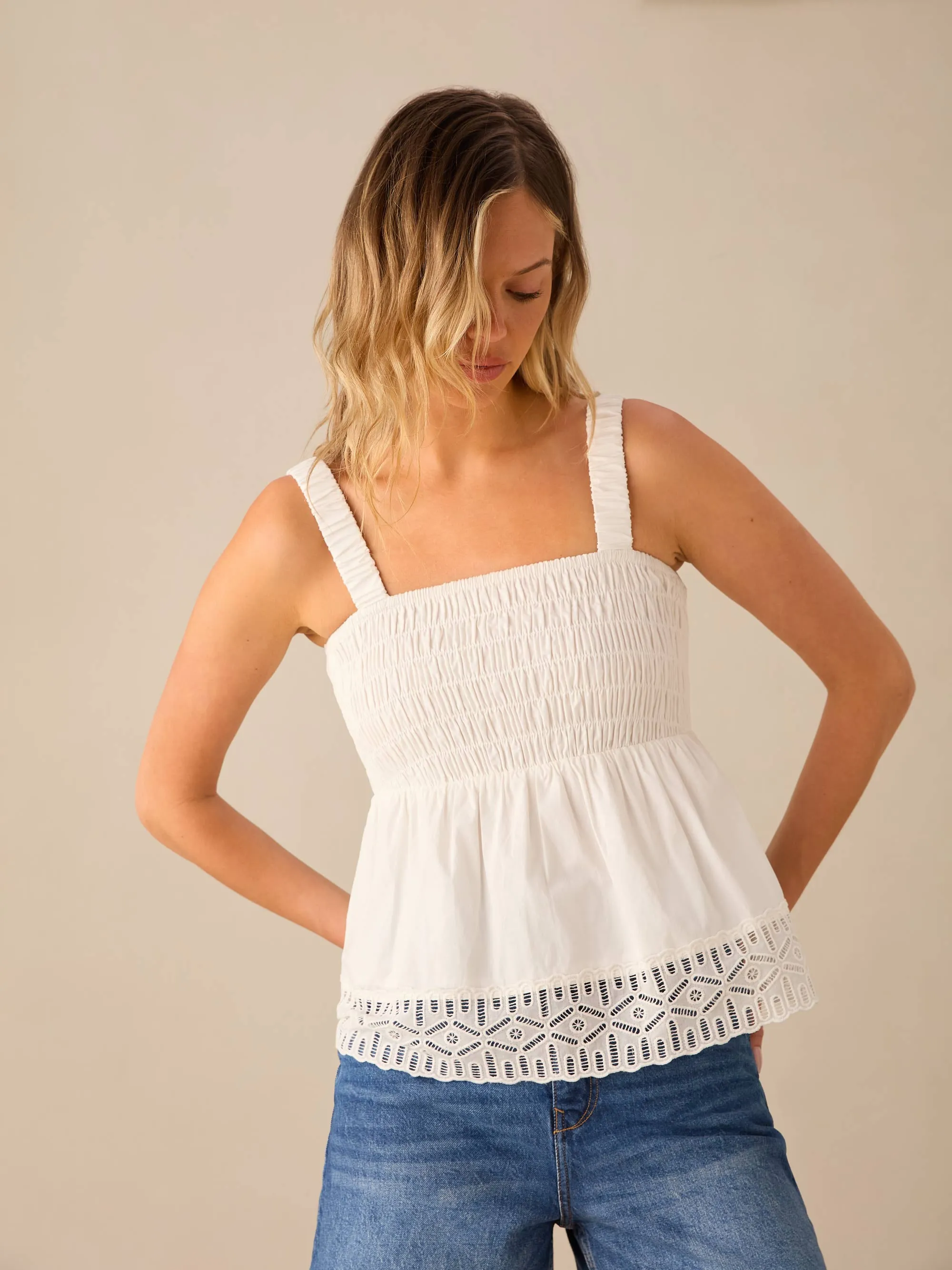 White Laser-cut Hem Detail Top