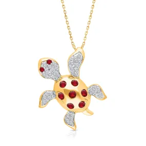 Yellow Gold Ruby & White Diamond Turtle Pendant